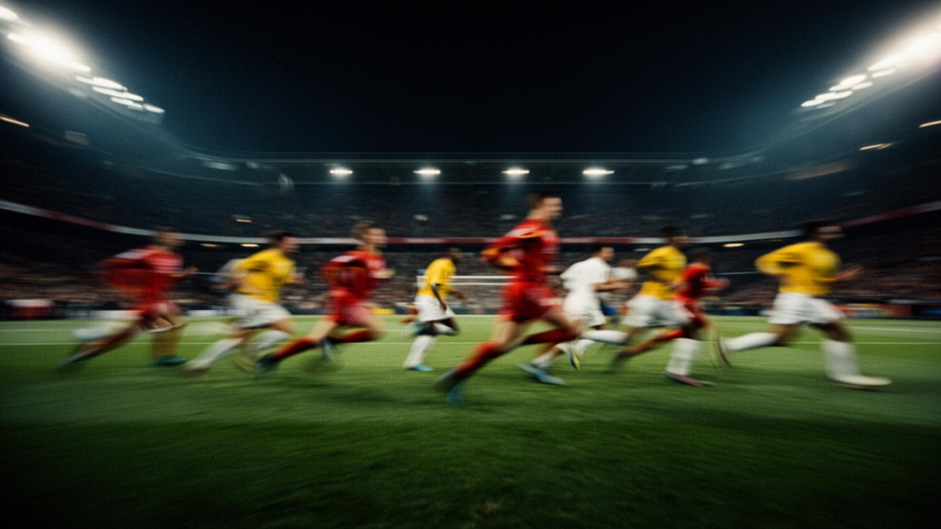 Footballers in motion under stadium floodlights
