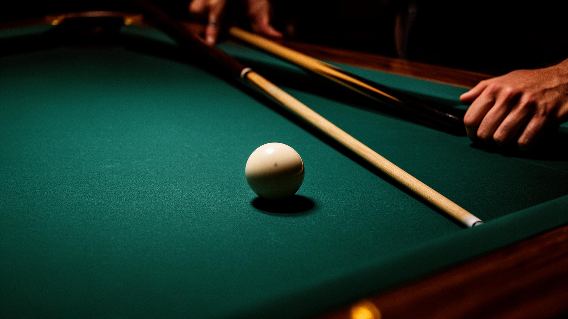 Cinematic green felt with cue ball and snooker cue